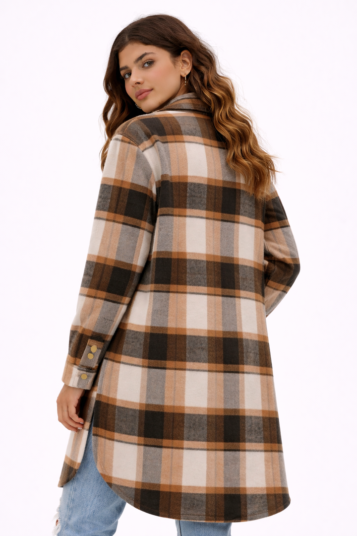 KISSMODA Womens Plaid Shacket Jacket Long Corduroy Shirts Casual Lapel Button Down Flannel Trench Coats with Side Pockets