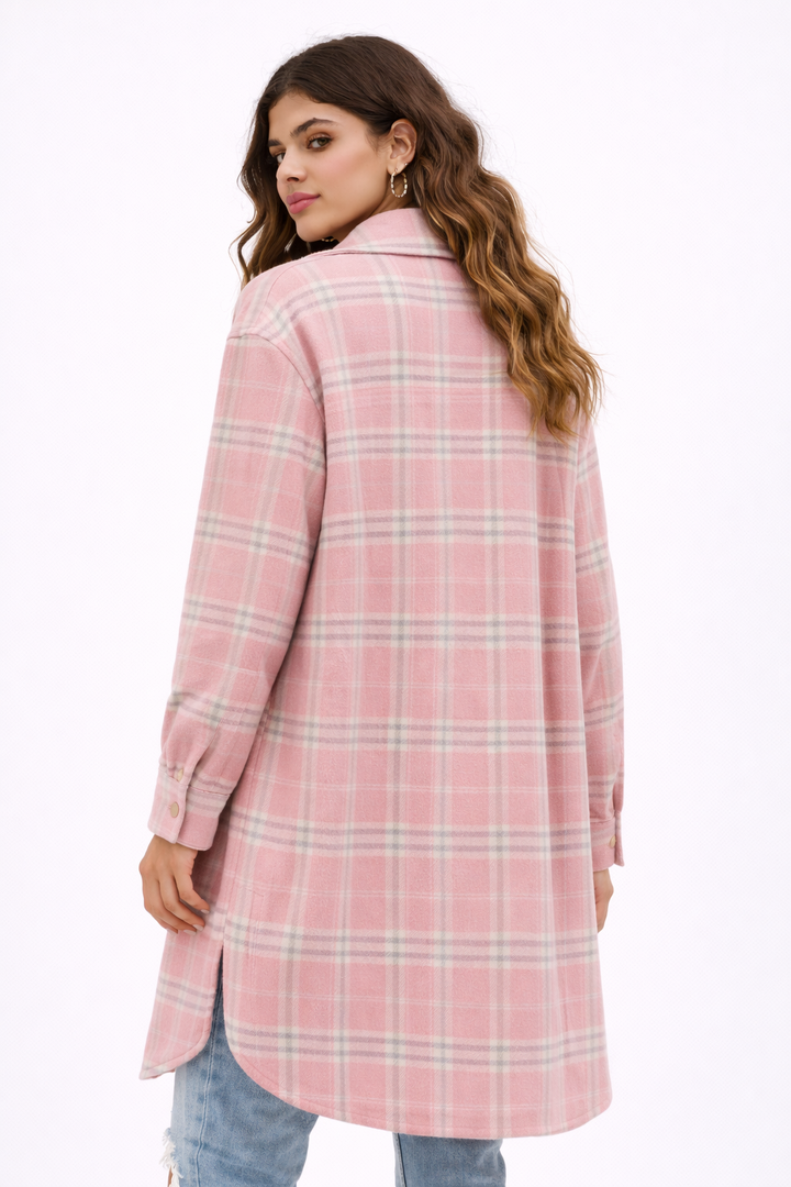 KISSMODA Womens Plaid Shacket Jacket Long Corduroy Shirts Casual Lapel Button Down Flannel Trench Coats with Side Pockets