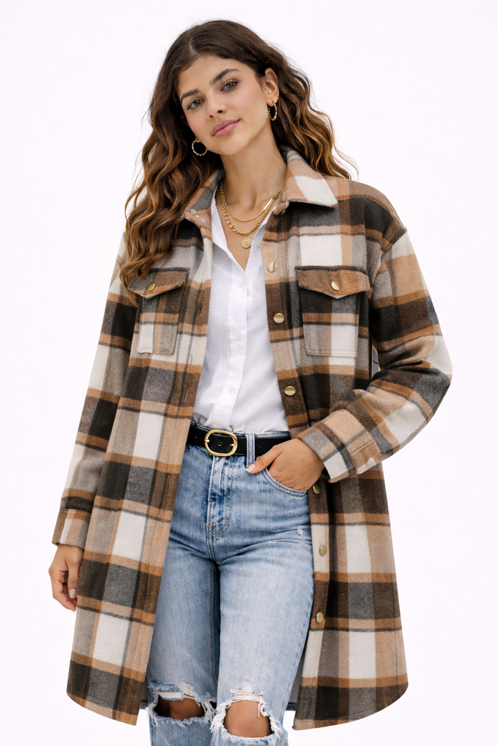 KISSMODA Womens Plaid Shacket Jacket Long Corduroy Shirts Casual Lapel Button Down Flannel Trench Coats with Side Pockets
