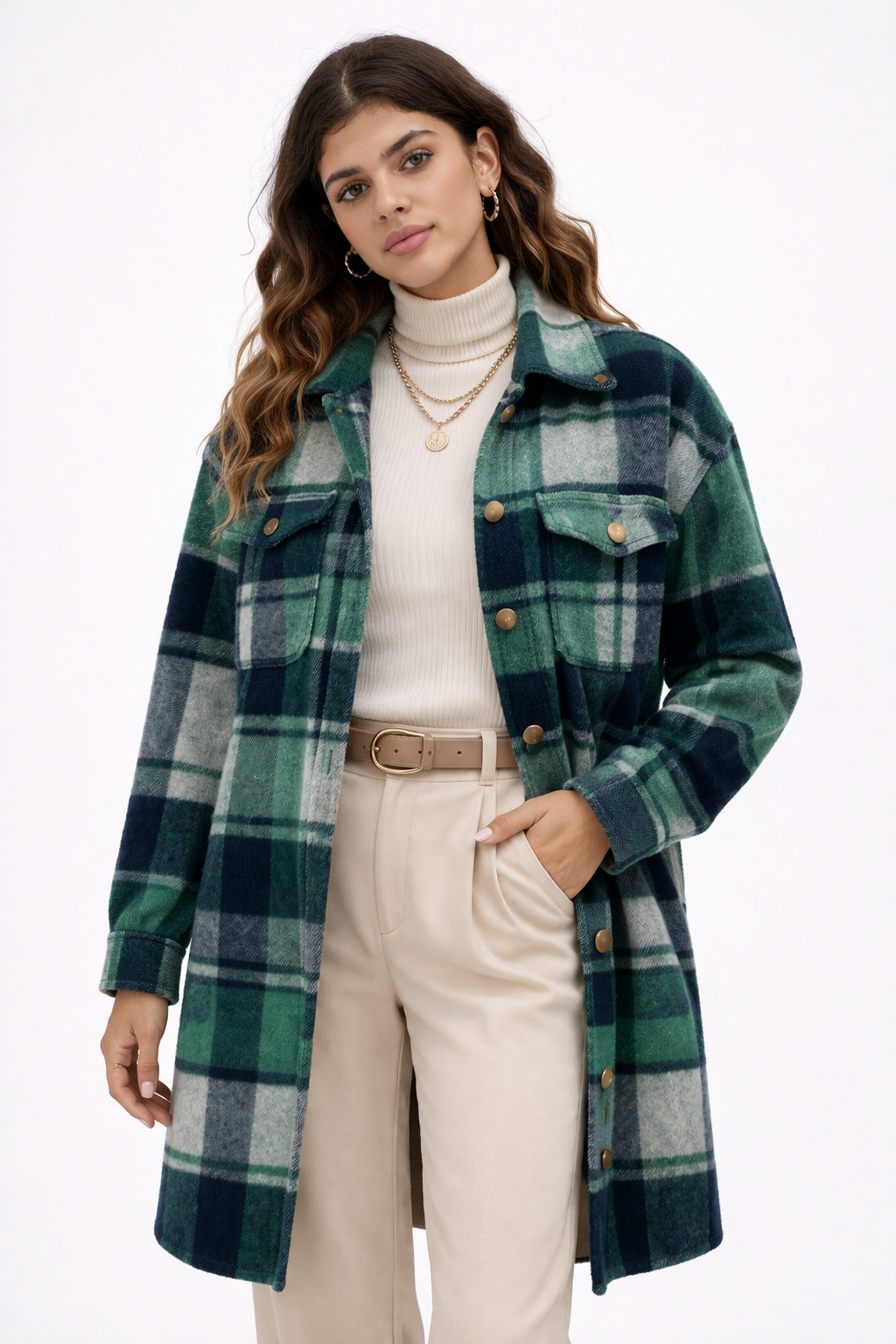 KISSMODA Womens Plaid Shacket Jacket Long Corduroy Shirts Casual Lapel Button Down Flannel Trench Coats with Side Pockets