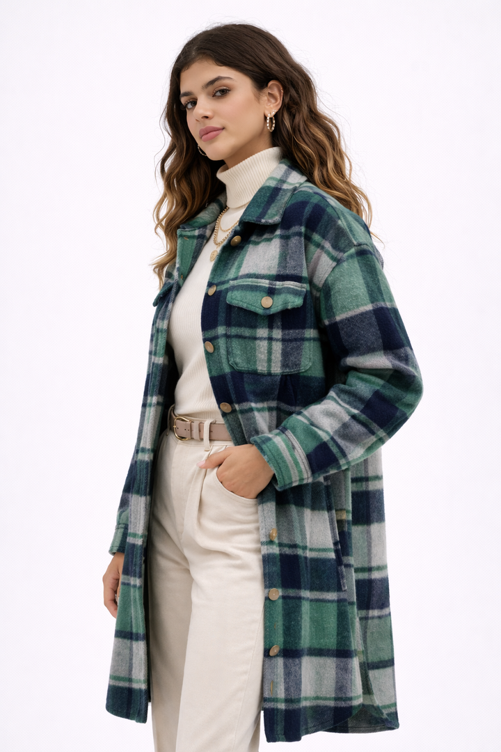 KISSMODA Womens Plaid Shacket Jacket Long Corduroy Shirts Casual Lapel Button Down Flannel Trench Coats with Side Pockets