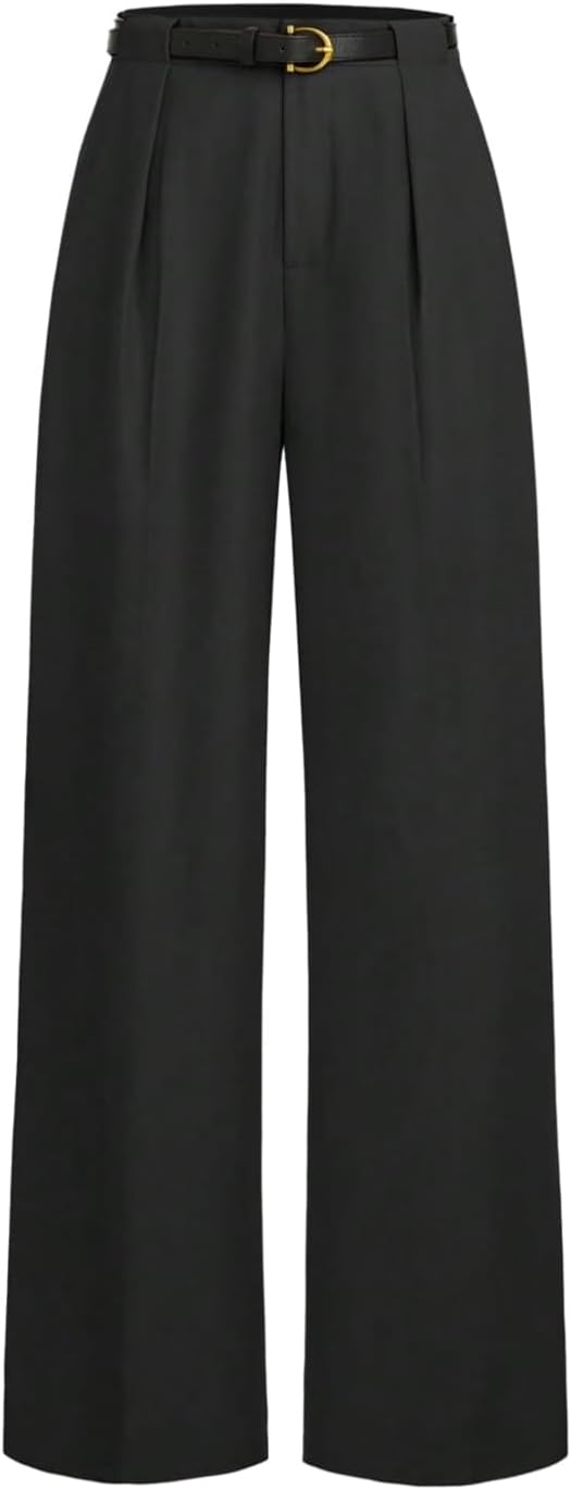 GORGLITTER Women's Plicated Straight Leg Trousers Mid Rise Belted Elegant Work Office Business Pants