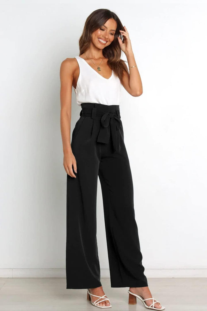Wide Leg Trousers Women, Tailored Leisure Pants With Wide Legs Trousers Fashion Solid Bow-Knot Elasticated High Waist Palazzo Trousers Elegant Casual Office Pants Straight Leg Pants Bottoms