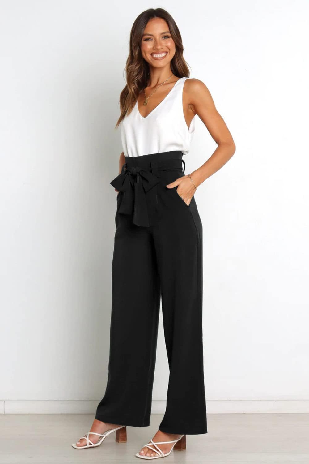 Wide Leg Trousers Women, Tailored Leisure Pants With Wide Legs Trousers Fashion Solid Bow-Knot Elasticated High Waist Palazzo Trousers Elegant Casual Office Pants Straight Leg Pants Bottoms