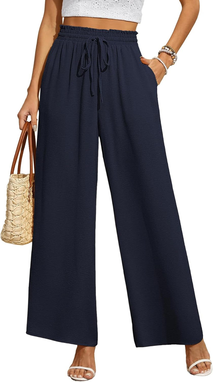 Women Trousers Elasticated High Waist Wide Leg Pants with Pockets Ladies Elegant Loose Lounge Palazzo Pants