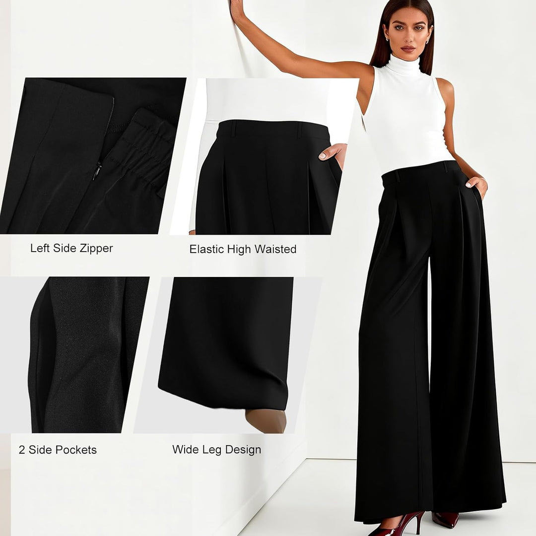 Womens Trousers High Waisted Wide Leg Trousers Elegant Work Office Pants with Pockets Casual Long Trousers