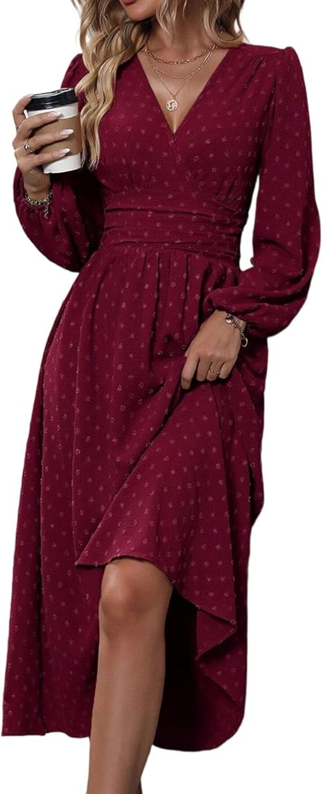 Casual Wrap Dresses for Women UK Elegante Ladies V Neck Long Lantern Sleeve Ruffled Waist Maxi Party Dress