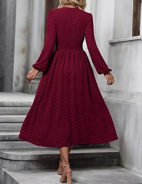 Casual Wrap Dresses for Women UK Elegante Ladies V Neck Long Lantern Sleeve Ruffled Waist Maxi Party Dress