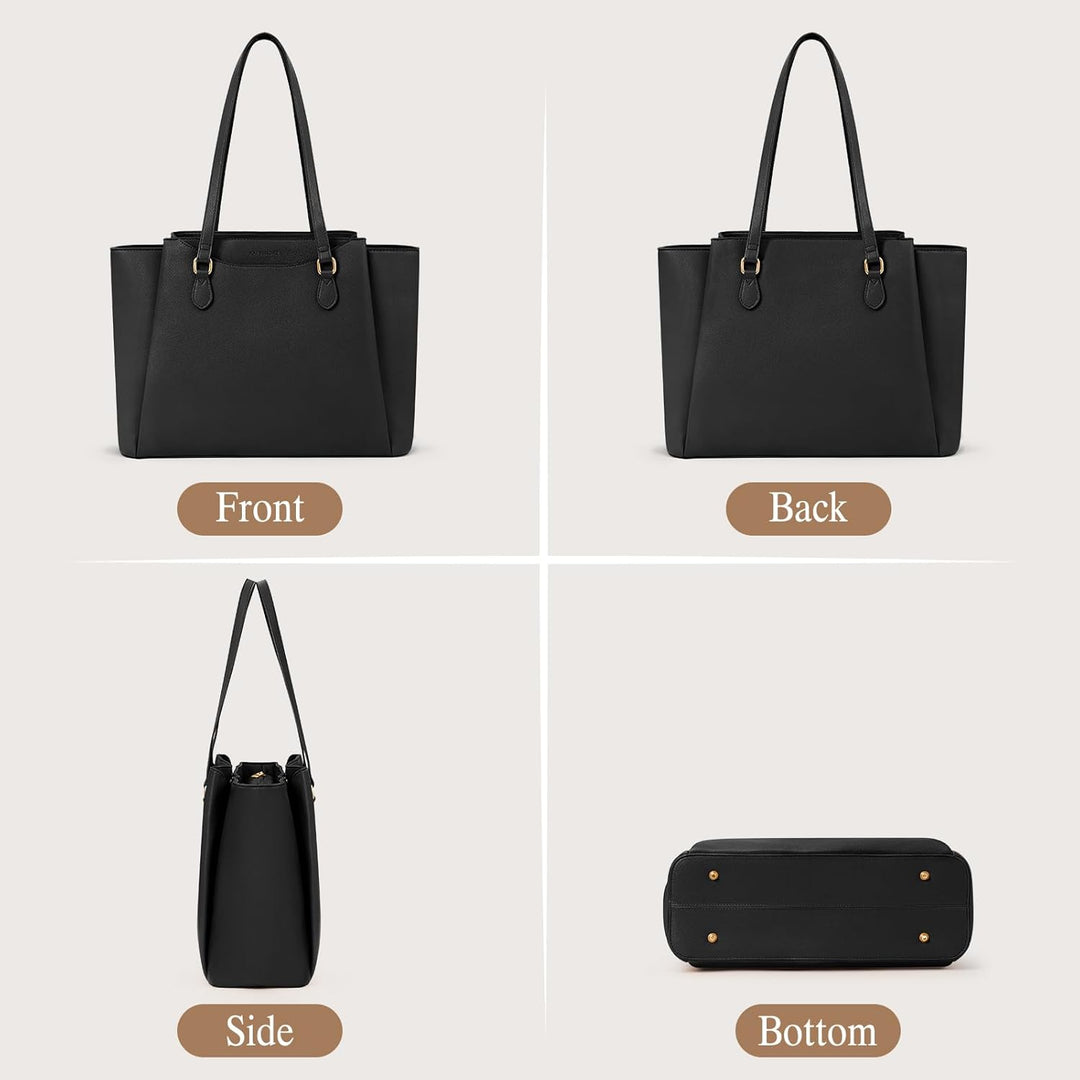 RAINSMORE Laptop Tote Bags for Women 15.6 Inch, PU Leather Ladies Laptop Handbags with Clutch, Large Shoulder Work Bag for School Office Business Black