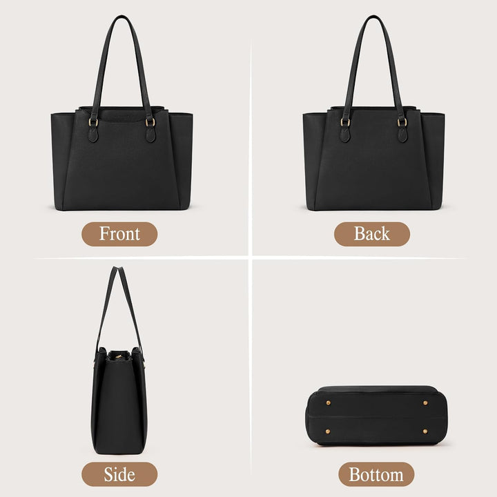 RAINSMORE Laptop Tote Bags for Women 15.6 Inch, PU Leather Ladies Laptop Handbags with Clutch, Large Shoulder Work Bag for School Office Business Black