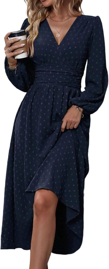 Casual Wrap Dresses for Women UK Elegante Ladies V Neck Long Lantern Sleeve Ruffled Waist Maxi Party Dress
