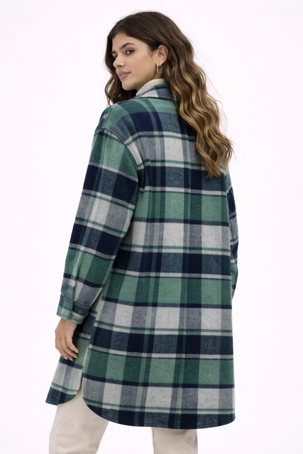 KISSMODA Womens Plaid Shacket Jacket Long Corduroy Shirts Casual Lapel Button Down Flannel Trench Coats with Side Pockets