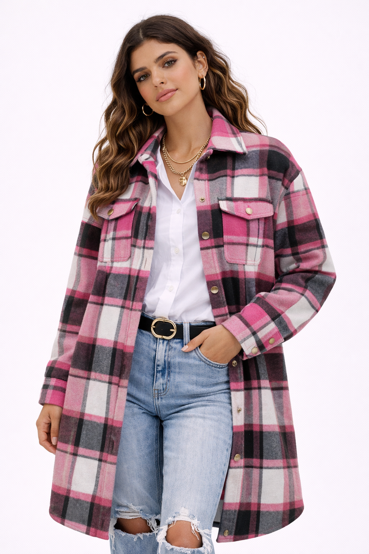 KISSMODA Womens Plaid Shacket Jacket Long Corduroy Shirts Casual Lapel Button Down Flannel Trench Coats with Side Pockets