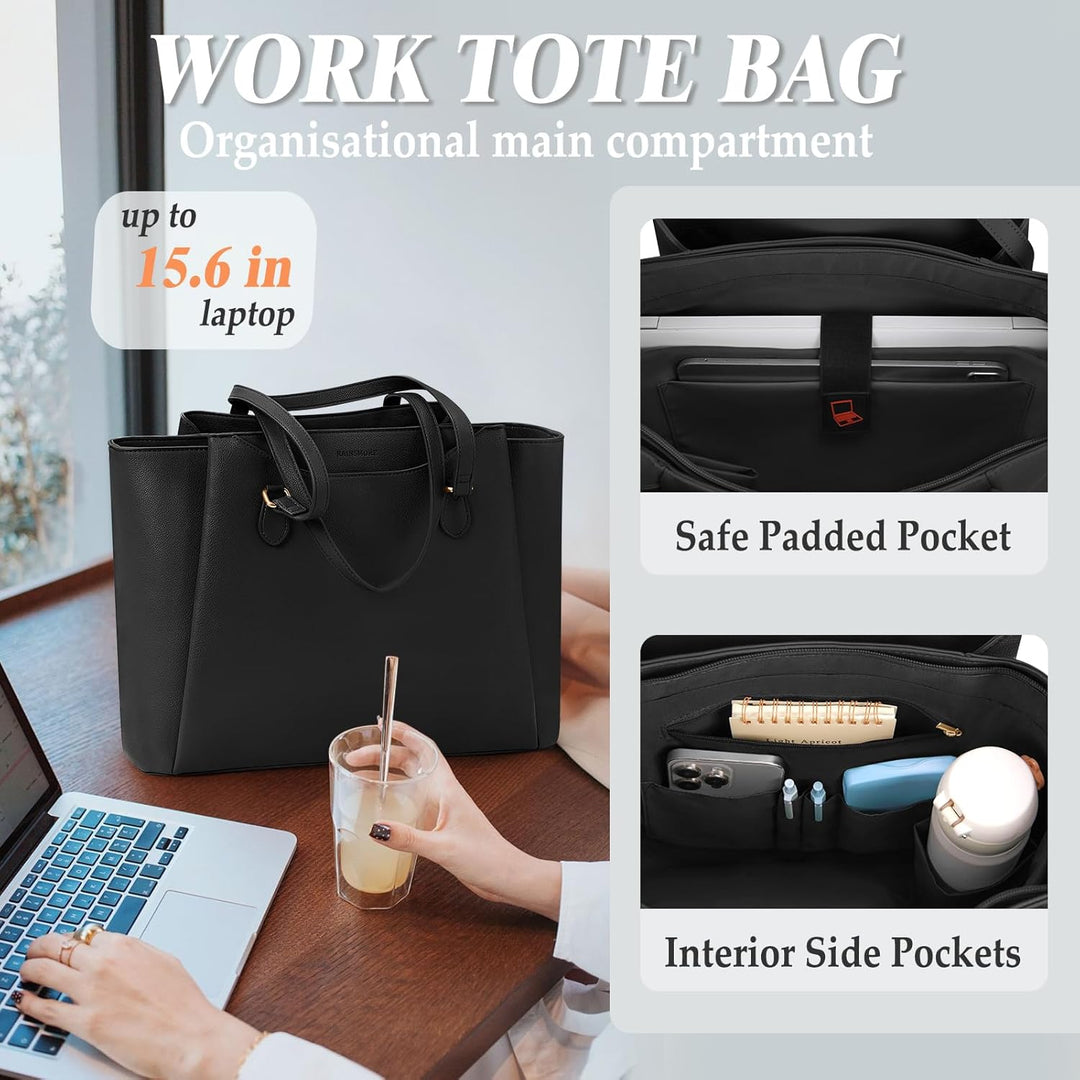 RAINSMORE Laptop Tote Bags for Women 15.6 Inch, PU Leather Ladies Laptop Handbags with Clutch, Large Shoulder Work Bag for School Office Business Black