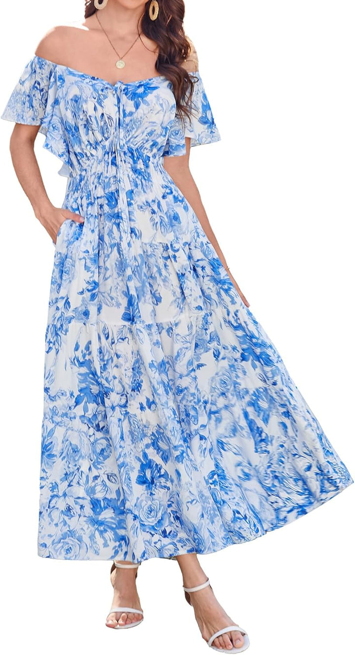 GRACE KARIN Women Elegant Summer Floral Dress Maxi Dress Ruffle Sleeve V Neck Sundress