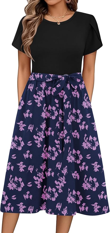 Zeagoo Summer Dresses for Women UK Short Sleeve Crew Neck Sundress Casual Floral Wrap Waist Dress Swing Beach Midi Dresses with Pockets