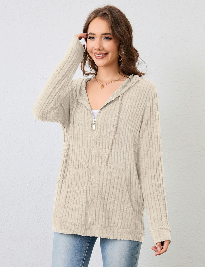 Womens Cardigans Zip Up Ladies Hoodies with Large Pockets Long Sleeve Tunic Tops Ladies Lightweight Jackets Casual Work Clothes M-XXL