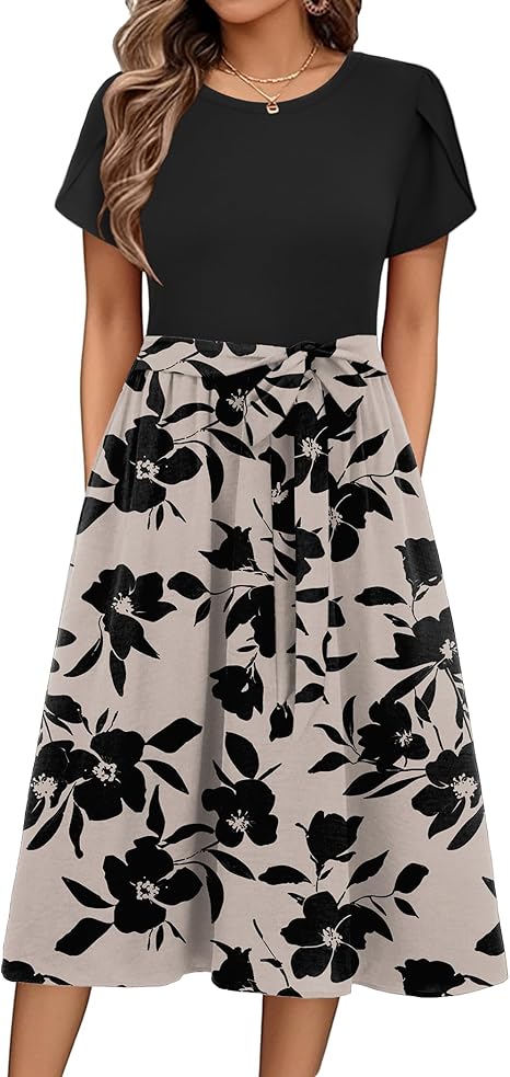Zeagoo Summer Dresses for Women UK Short Sleeve Crew Neck Sundress Casual Floral Wrap Waist Dress Swing Beach Midi Dresses with Pockets