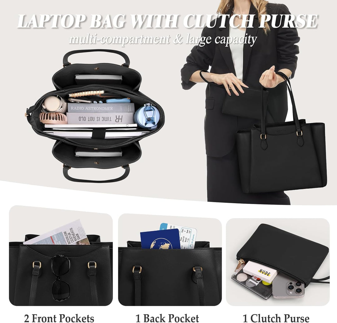 RAINSMORE Laptop Tote Bags for Women 15.6 Inch, PU Leather Ladies Laptop Handbags with Clutch, Large Shoulder Work Bag for School Office Business Black