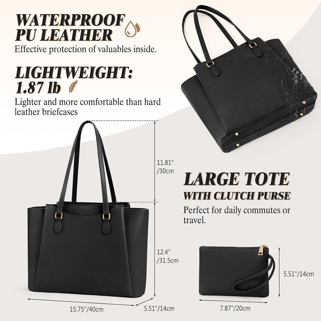 RAINSMORE Laptop Tote Bags for Women 15.6 Inch, PU Leather Ladies Laptop Handbags with Clutch, Large Shoulder Work Bag for School Office Business Black