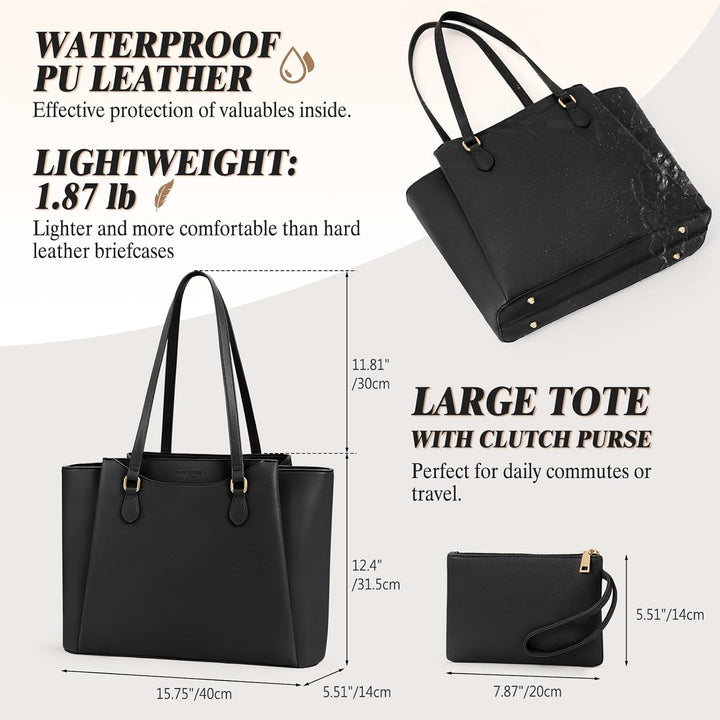 RAINSMORE Laptop Tote Bags for Women 15.6 Inch, PU Leather Ladies Laptop Handbags with Clutch, Large Shoulder Work Bag for School Office Business Black