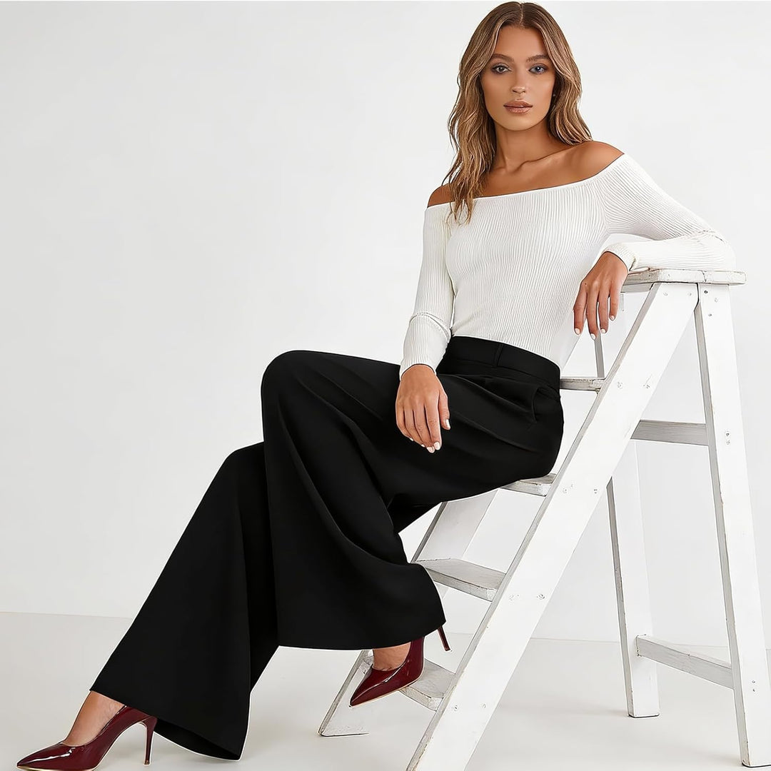 Womens Trousers High Waisted Wide Leg Trousers Elegant Work Office Pants with Pockets Casual Long Trousers