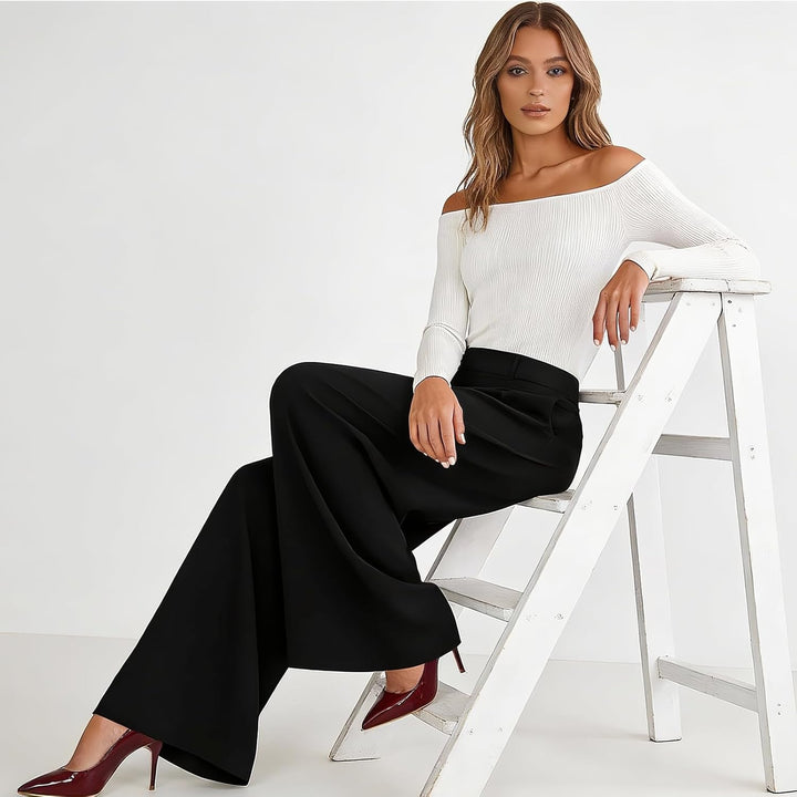 Womens Trousers High Waisted Wide Leg Trousers Elegant Work Office Pants with Pockets Casual Long Trousers