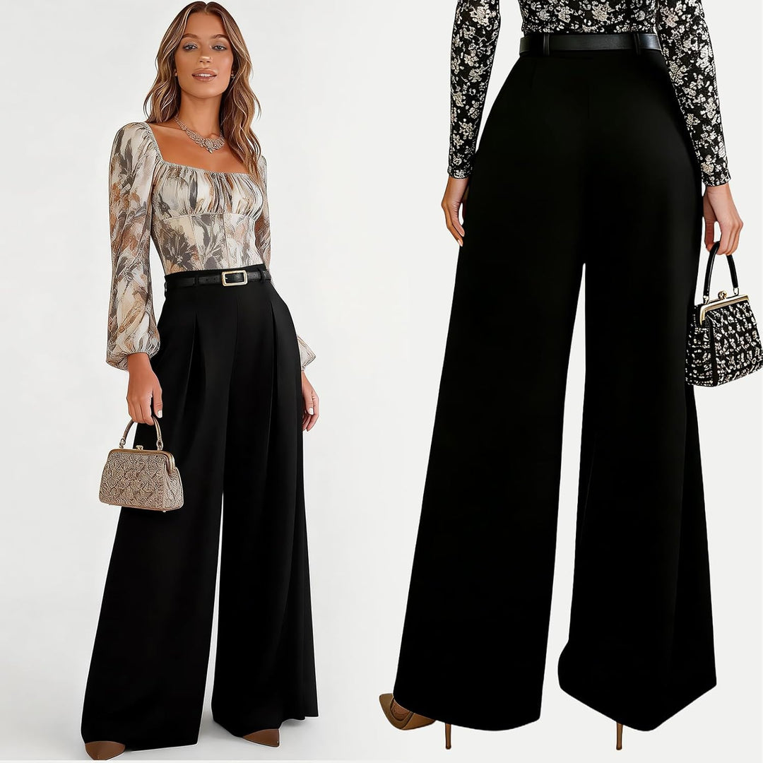Womens Trousers High Waisted Wide Leg Trousers Elegant Work Office Pants with Pockets Casual Long Trousers