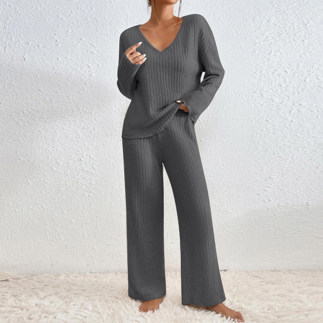 Womens Loungewear Sets V Neck Ribbed Knitted Long Sleeve Tops And Pants Set Lounge Pants Women Casual Solid Knitwear Homewear Co Ord Set Tracksuit Bottoms Women 2 Piece Shirts Clothing For Women