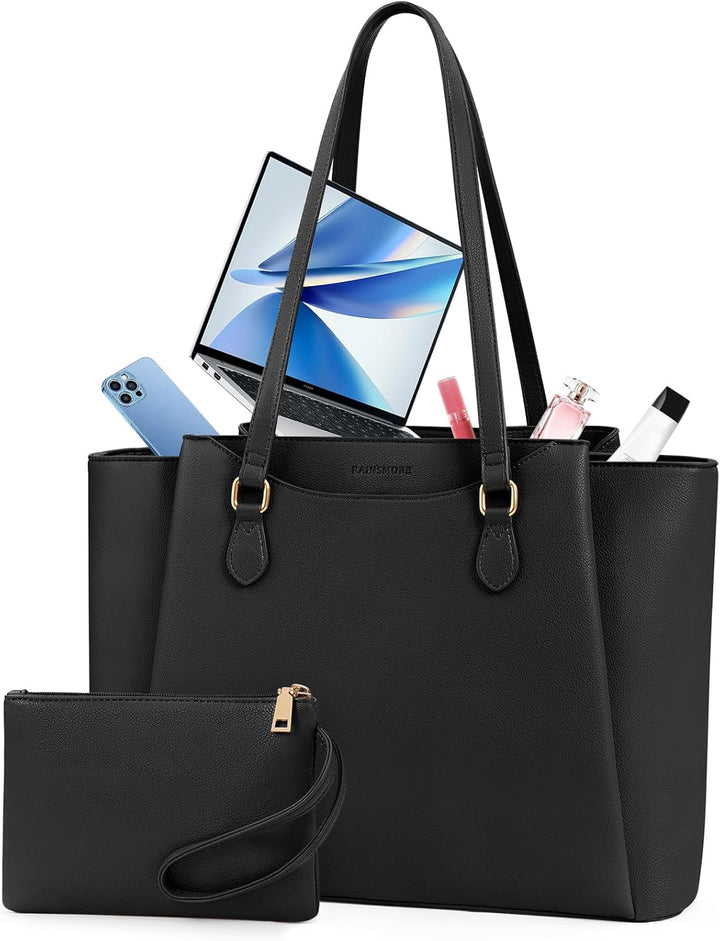 RAINSMORE Laptop Tote Bags for Women 15.6 Inch, PU Leather Ladies Laptop Handbags with Clutch, Large Shoulder Work Bag for School Office Business Black