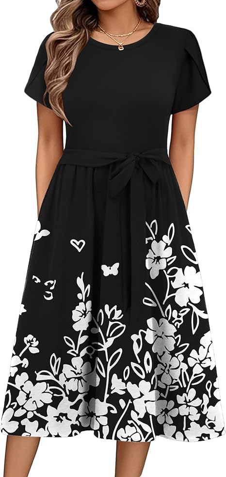Zeagoo Summer Dresses for Women UK Short Sleeve Crew Neck Sundress Casual Floral Wrap Waist Dress Swing Beach Midi Dresses with Pockets