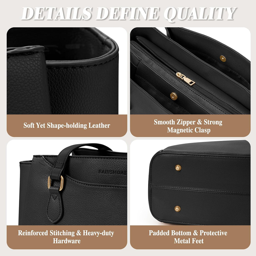 RAINSMORE Laptop Tote Bags for Women 15.6 Inch, PU Leather Ladies Laptop Handbags with Clutch, Large Shoulder Work Bag for School Office Business Black