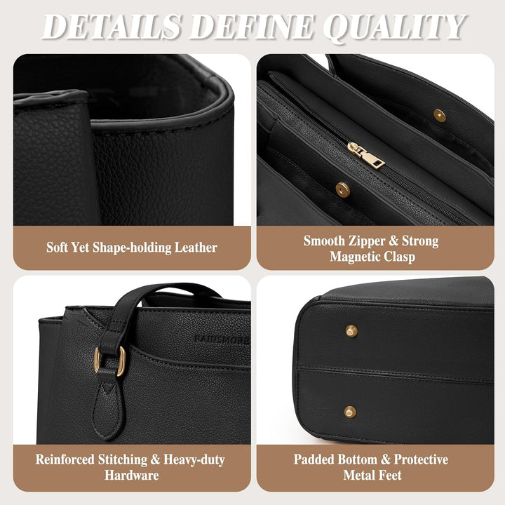 RAINSMORE Laptop Tote Bags for Women 15.6 Inch, PU Leather Ladies Laptop Handbags with Clutch, Large Shoulder Work Bag for School Office Business Black