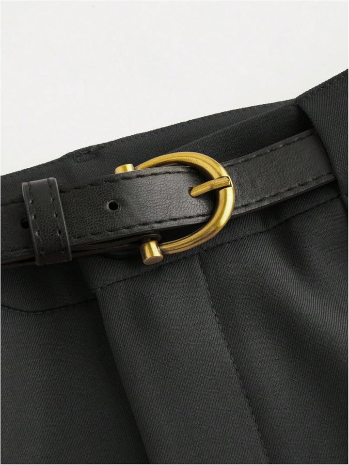 GORGLITTER Women's Plicated Straight Leg Trousers Mid Rise Belted Elegant Work Office Business Pants