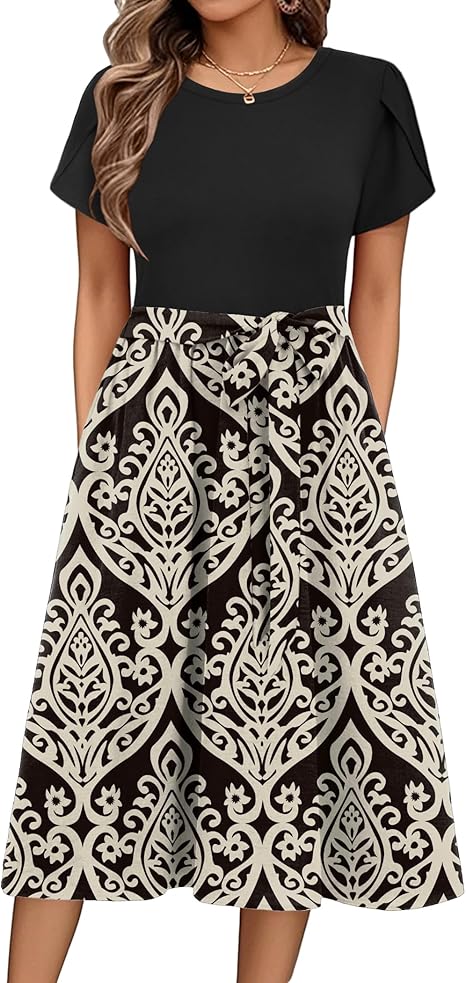 Zeagoo Summer Dresses for Women UK Short Sleeve Crew Neck Sundress Casual Floral Wrap Waist Dress Swing Beach Midi Dresses with Pockets