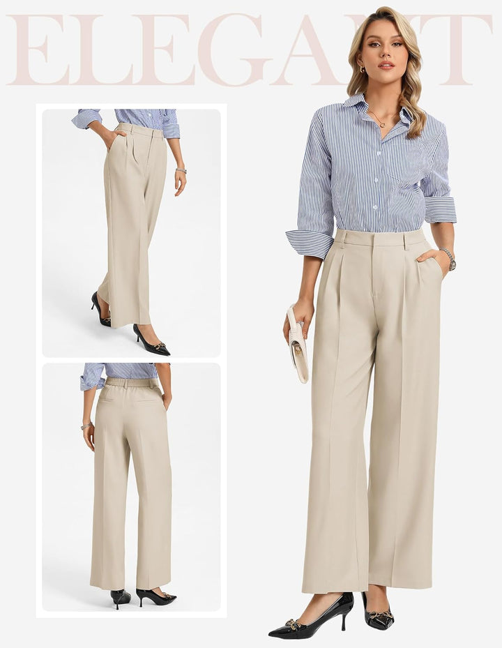 GRACE KARIN Women's Business Suit Trousers UK,2026 Elegant Casual Wide Leg Trousers with Pockets High-Waisted Elastic
