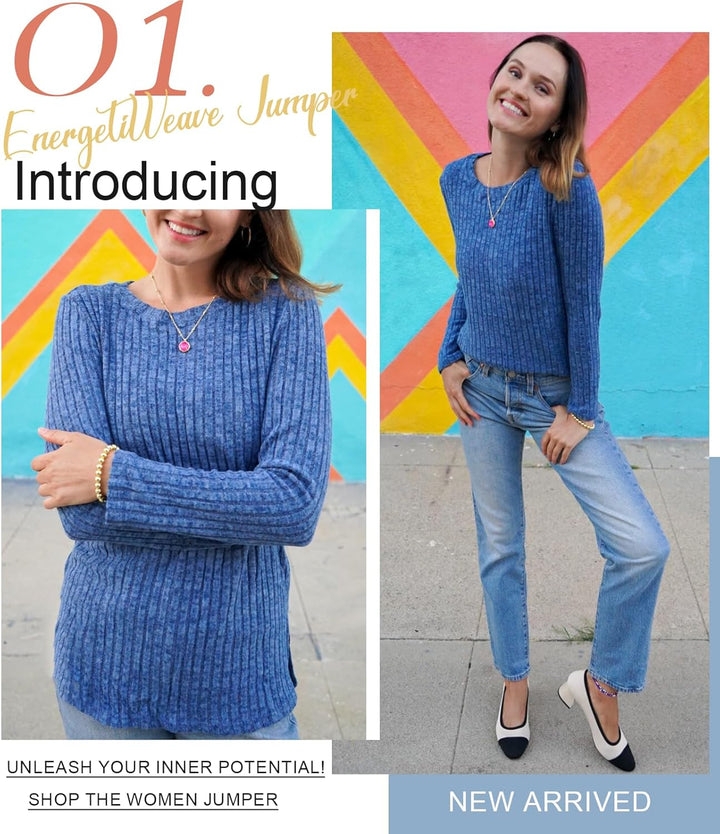 Odosalii Womens Tops Casual Striped Sweaters Crewneck Ribbed Long Sleeve Shirts Side Split Pullover Jumper