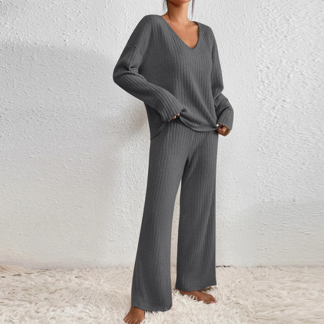 Womens Loungewear Sets V Neck Ribbed Knitted Long Sleeve Tops And Pants Set Lounge Pants Women Casual Solid Knitwear Homewear Co Ord Set Tracksuit Bottoms Women 2 Piece Shirts Clothing For Women