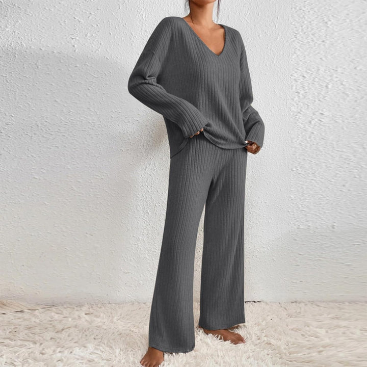 Womens Loungewear Sets V Neck Ribbed Knitted Long Sleeve Tops And Pants Set Lounge Pants Women Casual Solid Knitwear Homewear Co Ord Set Tracksuit Bottoms Women 2 Piece Shirts Clothing For Women