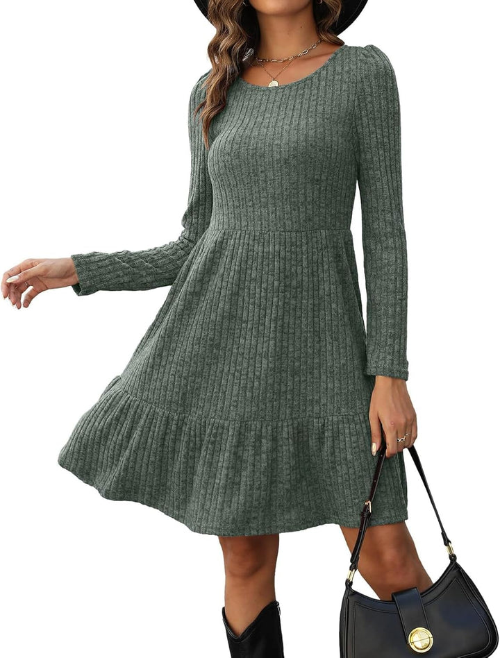 Dress for Women Long Sleeve Jumper Dresses UK Knitted Round Neck Tunic Dress Casual A Line Elegant Sweater Dresses Autumn Winter