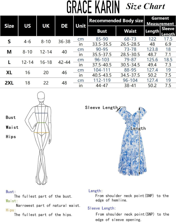 GRACE KARIN Women Elegant Summer Floral Dress Maxi Dress Ruffle Sleeve V Neck Sundress