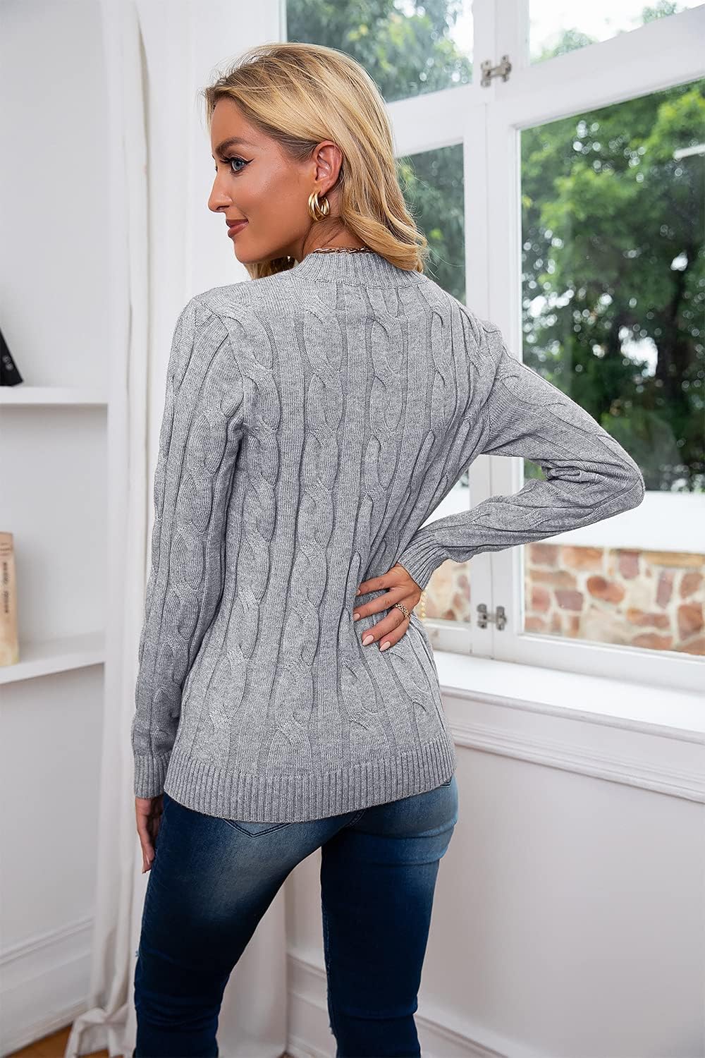 Women Cable Knit Jumper Casual Basic Long Sleeve Pullover Sweater Tops