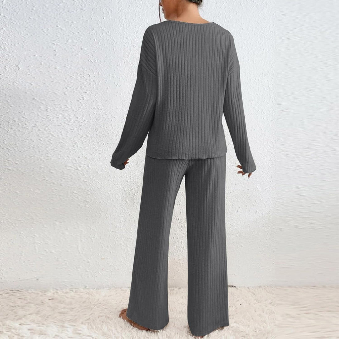 Womens Loungewear Sets V Neck Ribbed Knitted Long Sleeve Tops And Pants Set Lounge Pants Women Casual Solid Knitwear Homewear Co Ord Set Tracksuit Bottoms Women 2 Piece Shirts Clothing For Women