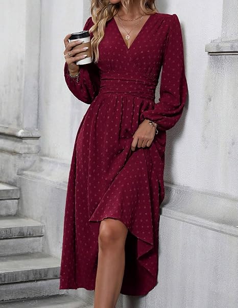 Casual Wrap Dresses for Women UK Elegante Ladies V Neck Long Lantern Sleeve Ruffled Waist Maxi Party Dress