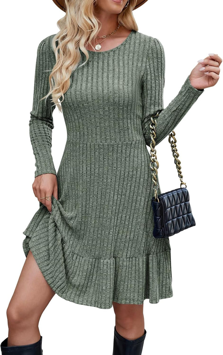 Dress for Women Long Sleeve Jumper Dresses UK Knitted Round Neck Tunic Dress Casual A Line Elegant Sweater Dresses Autumn Winter