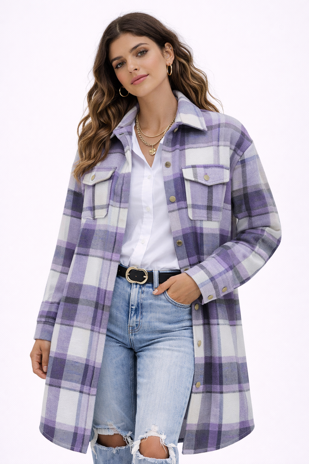 KISSMODA Womens Plaid Shacket Jacket Long Corduroy Shirts Casual Lapel Button Down Flannel Trench Coats with Side Pockets