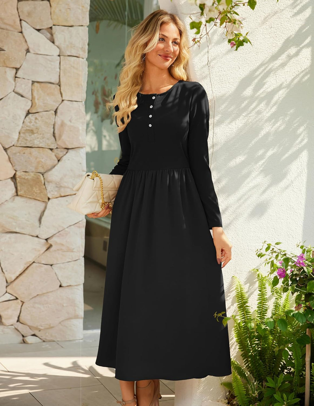 GRACE KARIN Long Sleeve Jumper Dress with Pockets, Crew Neck Button Down Winter Dresses for Women UK, Wedding Guest Prom Dress Elegant
