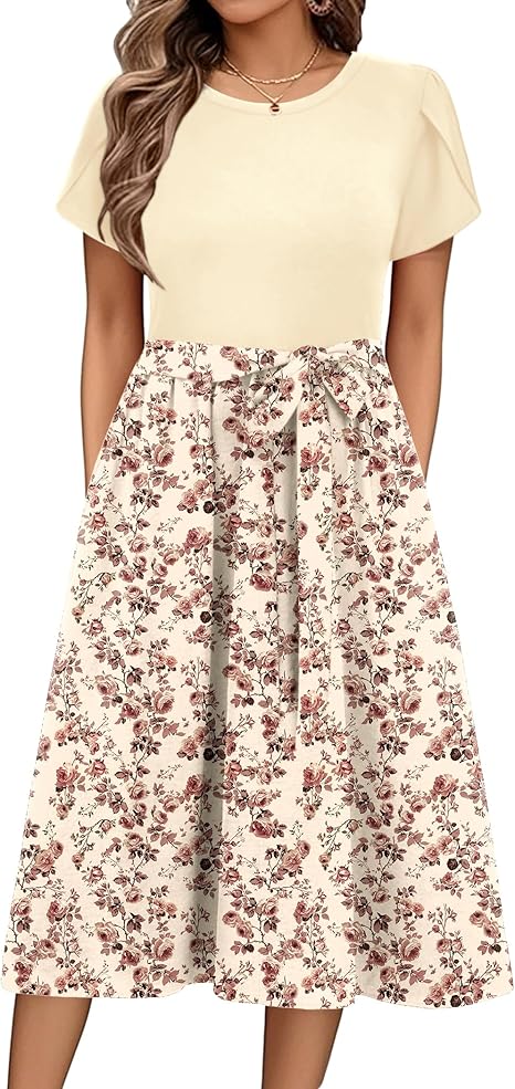 Zeagoo Summer Dresses for Women UK Short Sleeve Crew Neck Sundress Casual Floral Wrap Waist Dress Swing Beach Midi Dresses with Pockets