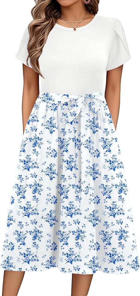 Zeagoo Summer Dresses for Women UK Short Sleeve Crew Neck Sundress Casual Floral Wrap Waist Dress Swing Beach Midi Dresses with Pockets