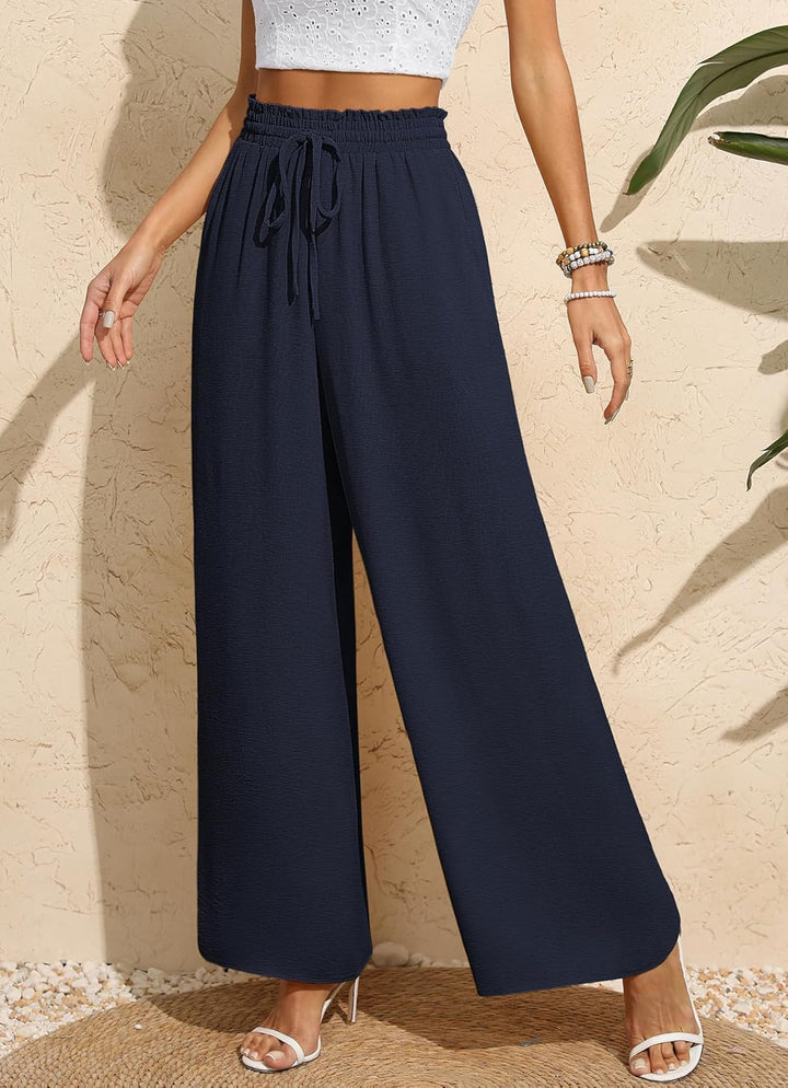 Women Trousers Elasticated High Waist Wide Leg Pants with Pockets Ladies Elegant Loose Lounge Palazzo Pants
